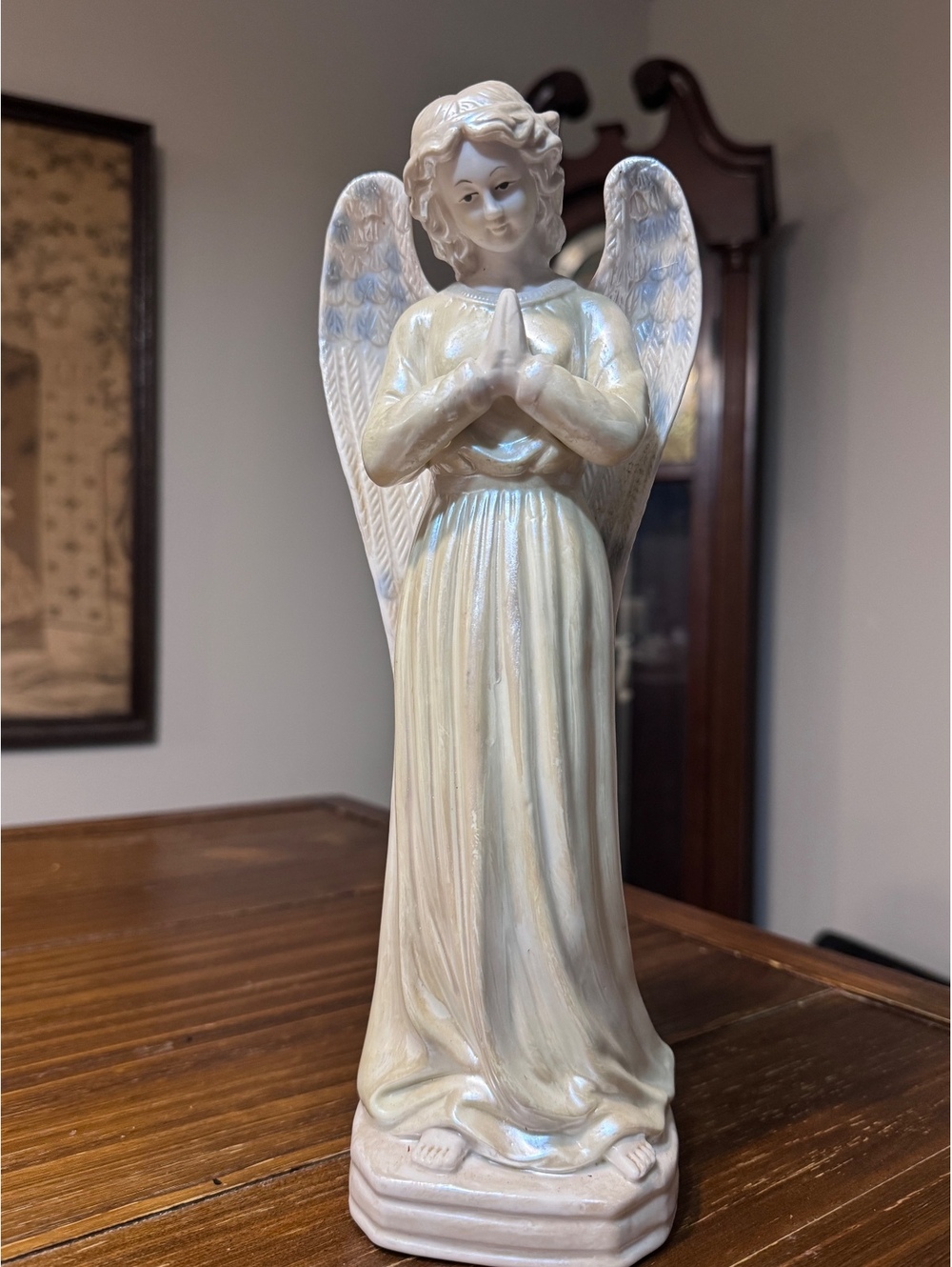 Cracker Barrel 12” Pearlescent Praying Angel Figurine Iridescent White Ceramic